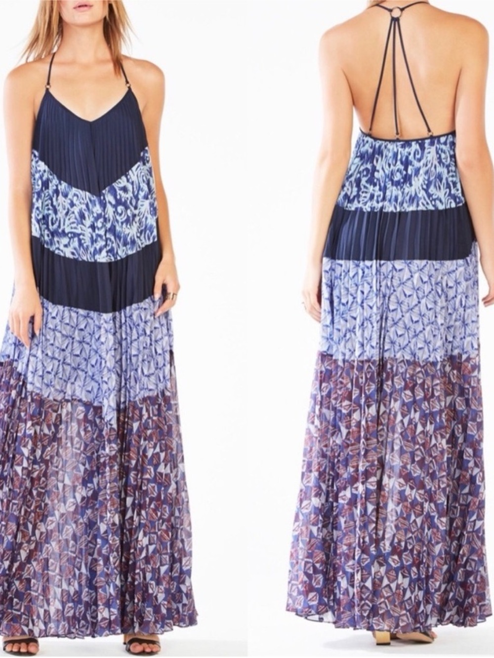 BCBGMaxAzria Navy and Blue Printed Tiered Halter Maxi Dress